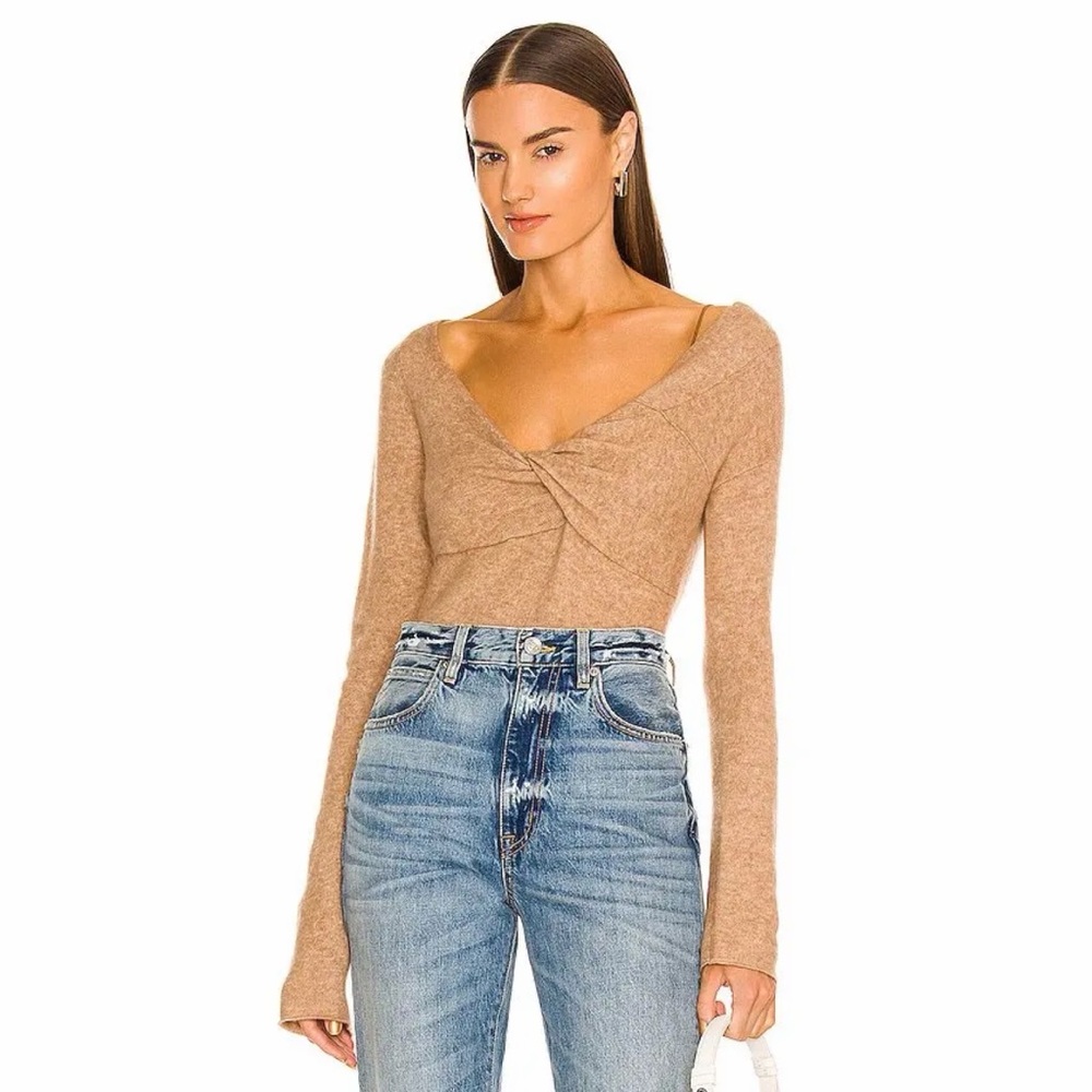 HELMUT LANG Bungee Off Shoulder Wool Blend Top In Tan